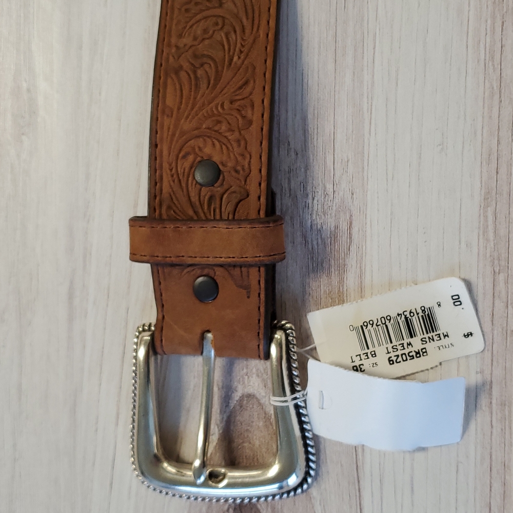 NWT Justin Tooled Western Motif Brown Belt 36